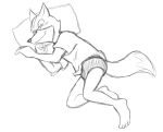  anthro barefoot black_and_white briefs canid canine clothing colored_underwear fox fox_mccloud male mammal monochrome nintendo pillow shirt simple_background sketch sleeping smile solo star_fox t-shirt topwear underwear video_games white_background 