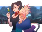  2girls :d arm_hug artist_name black_nails black_shirt blonde_hair breasts brown_hair character_request cleavage collarbone final_fantasy final_fantasy_xiv hair_over_one_eye height_difference holding holding_stick japanese_clothes kimono koyorin large_breasts multicolored_hair multiple_girls open_mouth orange_eyes parted_lips red_eyes shirt sideboob sleeveless sleeveless_shirt slit_pupils smile stick tank_top teeth two-tone_hair yuri 