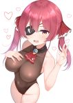  1girl :d absurdres bangs bare_shoulders blush bodystocking breasts covered_navel eyebrows_visible_through_hair eyepatch groin h3po4_chiba hair_ribbon hand_up hat highres hololive houshou_marine large_breasts long_hair looking_at_viewer open_mouth red_eyes red_hair red_ribbon ribbon smile solo thighs twintails virtual_youtuber 