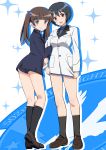  502nd_joint_fighter_wing 502nd_joint_fighter_wing_(emblem) arm_up ass bangs black_hair black_legwear blue_eyes blue_jacket blue_ribbon blue_shirt blue_swimsuit blunt_bangs brave_witches brown_footwear brown_hair closed_mouth commentary_request cosplay costume_switch dress_shirt eyebrows_visible_through_hair georgette_lemare hair_ribbon high_collar highres jacket jacket_tug kaneko_(novram58) loafers long_hair long_sleeves looking_at_viewer looking_back no_pants open_mouth partial_commentary red_eyes ribbon shimohara_sadako shirt shoes short_hair silhouette smile socks sparkle swimsuit swimsuit_under_clothes twintails white_jacket world_witches_series 