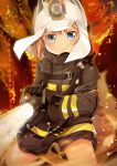  1girl animal_ears_helmet arknights bangs black_gloves black_jacket black_shorts blue_eyes brown_hair commentary cosplay cowboy_shot eyebrows_visible_through_hair fire fire_helmet fire_jacket firefighter gloves hachijou_(kantai_collection) helmet highres holding_hose hose jacket kantai_collection light_particles long_sleeves looking_at_viewer oxygen_tank shaw_(arknights) shaw_(arknights)_(cosplay) short_hair short_shorts shorts sidelocks solo standing standing_on_one_leg yasume_yukito 