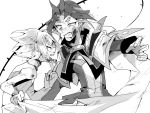  2boys anger_vein angry clenched_teeth greyscale highres jacket looking_at_another middle_finger monochrome multicolored_hair multiple_boys open_mouth shiun&#039;in_sora speed_lines spiked_hair tasutekete taunting teeth tongue tongue_out two-tone_hair white_background yu-gi-oh! yu-gi-oh!_arc-v yuuri_(yuu-gi-ou_arc-v) 