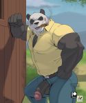  2020 anthro balls beastars belt big_muscles black_sclera bottomwear cigar clothing denim denim_bottomwear denim_clothing detailed_background dress_shirt flaccid genitals giant_panda gouhin hi_res humanoid_genitalia humanoid_penis jeans looking_at_viewer male mammal muscular muscular_anthro muscular_male nexus open_mouth open_smile outside pants penis poking_out scar shirt smile smoking solo standing teeth topwear ursid 