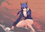  1girl adjusting_hair arknights bangs bare_shoulders bikini blue_hair blue_sweater breasts ch&#039;en_(arknights) cleavage closed_mouth df4d/dongfeng_4d dragon_horns hair_between_eyes highres horns large_breasts low_tied_hair partially_submerged seashell shell squatting sunset sunset_shimmer sweater swimsuit water waves white_bikini 