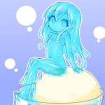  1girl blue_background blue_eyes blue_hair blue_sclera blue_skin closed_mouth cup flat_chest in_container in_cup kixyuresu long_hair looking_at_viewer looking_to_the_side minigirl monster_girl navel nude original outline sitting slime_girl solo white_outline 
