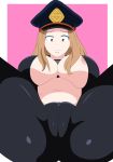  1girl areola_slip areolae ass black_bodysuit bodysuit boku_no_hero_academia border breasts brown_eyes brown_hair cameltoe catsuit chelsea_cola_v cleavage collar from_below hat highres large_breasts long_hair metal_collar navel no_bra open_bodysuit peaked_cap pink_background smile solo spread_legs underboob utsushimi_kemii white_border zipper_pull_tab 