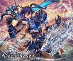  1boy armor blue_armor blue_eyes company_name copyright_name gauntlets hair_between_eyes holding holding_sword holding_weapon kuroi_susumu leonhardt_(zenonzard) looking_at_viewer motion_blur official_art outdoors over_shoulder purple_hair smirk solo standing sword water watermark weapon zenonzard 