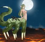  blue_eyes breasts female fur green_body green_fur green_hair hair hexapodal hi_res hooves humanoid_pointy_ears lava long_hair looking_at_viewer mammal mammal_taur medium_breasts moon navel night nipples nude one_eye_obstructed ribs solo spikes star stinger syvaron taur 