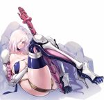  1girl bare_shoulders belt black_choker blue_legwear choker collarbone covered_nipples hair_over_one_eye high_heels highres long_hair looking_at_viewer lying mad_chimera_world mechanical_arm parted_lips pink_eyes pink_hair pink_lips rock shiny shiny_skin simple_background solo sword thighhighs usagi_(mad_chimera_world) w_techo300 weapon white_background 