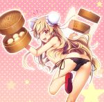  1girl ass baozi black_panties blonde_hair breasts bun_cover chima_q clownpiece double_bun fairy_wings food from_behind highres long_hair looking_at_viewer looking_back lowleg lowleg_panties open_mouth panties pink_background red_eyes red_footwear shoes side-tie_panties small_breasts smile solo standing standing_on_one_leg topless touhou transparent_wings underwear very_long_hair wings 