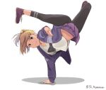  1girl absurdres alternate_costume bangs befu blonde_hair blue_eyes breakdance eyebrows_visible_through_hair hair_ribbon handstand highres jacket kantai_collection leggings long_sleeves maikaze_(kantai_collection) pleated_skirt ponytail purple_footwear purple_jacket purple_skirt ribbon shadow shirt shoes simple_background skirt smile sneakers solo twitter_username white_background white_shirt 