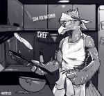  2020 5_fingers annoyed anthro avian bandanna beak beverage_can bird clothing cooking cookware english_text eyebrows falco_lombardi feather_tuft feathers fingers food frying_pan half-closed_eyes hi_res holding_object kerchief kitchen_utensils male monochrome narrowed_eyes nintendo pancake shirt standing star_fox tail_feathers text theagentmcguffin tools topwear tuft video_games 