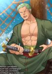  1boy abs bara bare_chest bulge chest facial_hair green_hair green_kimono gumroad_username holding holding_sword holding_weapon japanese_clothes katana kienbiu kimono male_focus muscle nipples one_eye_closed one_piece open_clothes open_kimono patreon_username roronoa_zoro scar scar_across_eye sheath short_hair sideburns solo spread_legs stitches stubble sword twitter_username unsheathing weapon 