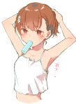  1girl absurdres armpits arms_up bangs bare_arms bare_shoulders blush brown_eyes brown_hair camisole collarbone cropped_torso eyebrows_visible_through_hair flower food food_in_mouth hair_flower hair_ornament highres himaneko. looking_at_viewer misaka_mikoto mouth_hold popsicle simple_background solo to_aru_kagaku_no_railgun to_aru_majutsu_no_index translation_request tying_hair upper_body white_background white_camisole white_flower 