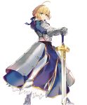 1girl absurdres ahoge armor armored_dress artoria_pendragon_(all) blonde_hair blue_dress blue_ribbon braid breastplate dress excalibur fate/stay_night fate_(series) faulds french_braid full_body gauntlets green_eyes hair_bun hair_ribbon highres ribbon saber same_(sendai623) simple_background solo standing sword weapon white_background 