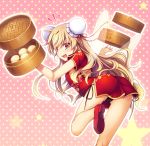  1girl alternate_costume ass baozi black_panties blonde_hair bun_cover chima_q china_dress chinese_clothes clownpiece double_bun dress fairy_wings food from_behind highres long_hair looking_at_viewer looking_back lowleg lowleg_panties open_mouth panties pink_background red_dress red_eyes red_footwear shoes side-tie_panties smile solo standing standing_on_one_leg touhou transparent_wings underwear very_long_hair wings 
