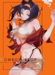  1girl absurdres breasts cigarette copyright_name cowboy_bebop faye_valentine grandia_lee hairband highres medium_breasts midriff navel orange_background purple_hair short_hair short_shorts shorts sideboob smoking solo strap_gap thighhighs thighs underboob yellow_hairband yellow_shorts 