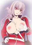  1girl belt between_breasts braid breasts breasts_outside collarbone_visible_through_hair epaulettes fate/grand_order fate_(series) florence_nightingale_(fate/grand_order) folded_ponytail gloves hisahiko jacket large_breasts long_hair long_sleeves military military_jacket military_uniform nipples pink_hair red_eyes red_jacket solo uniform upper_body white_belt white_gloves 