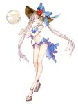  1girl :d ball beachball bikini blue_bikini blue_eyes bow breasts cleavage collarbone cowboy_shot eyebrows_visible_through_hair fate/grand_order fate_(series) flower full_body hat hat_bow hat_flower hibiscus high_heels highres jewelry koshika_rina long_hair looking_at_viewer marie_antoinette_(fate/grand_order) marie_antoinette_(swimsuit_caster)_(fate) medium_breasts necklace open_mouth shoe_flower sidelocks silver_hair simple_background smile solo stomach sun_hat swimsuit twintails very_long_hair white_background 