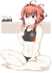  1girl ahoge arashi_(kantai_collection) bare_arms bare_legs barefoot black_swimsuit brown_eyes character_name clothes_writing collarbone competition_swimsuit eyebrows_visible_through_hair full_body hair_between_eyes kantai_collection navel one-piece_swimsuit open_mouth red_hair short_hair solo souji swimsuit toes white_background 