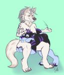  ambiguous_gender anthro breasts canid canine canis claws duo female fur grey_body grey_eyes grey_fur hair hi_res leafymyllee leg_grab looking_pleasured mammal markings pawpads purple_body purple_fur purple_hair red_eyes sabertooth_(disambiguation) spanking wolf 