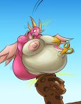  anthro belly big_belly big_breasts big_nipples bodily_fluids breasts card dragon eyelashes feathered_wings feathers female heartlandraco hi_res horn huge_breasts hyper hyper_belly konami machine markings navel nipple_outline nipples non-mammal_breasts overweight overweight_anthro overweight_female pasties pink_body robot scared shinysteel solo star stuck sweat symbol white_body wide_hips winding_key wings yu-gi-oh 