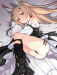  1girl :o ass ayanami_(azur_lane) azur_lane bangs bed_sheet black_bow black_dress black_footwear black_panties black_ribbon blonde_hair blush boots bow commentary_request detached_sleeves dress eyebrows_visible_through_hair hair_between_eyes headgear highres knee_boots long_sleeves looking_at_viewer lying on_bed on_side panties pantyshot parted_lips ponytail red_eyes ribbon see-through shiruko_(27anko) side-tie_panties sleeves_past_wrists solo thighs underwear upskirt 