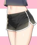  1girl black_shirt black_shorts close-up crop_top crop_top_overhang dolphin_shorts highres lower_body midriff navel original pantylines shirt short_shorts shorts sky_(freedom) solo stomach thighs two-tone_background 