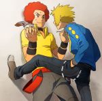  2boys afro belt black_choker black_pants blonde_hair blue_jacket brown_footwear choker closed_mouth commentary_request fingernails flint_(pokemon) hand_in_pocket holding holding_spoon jacket long_sleeves looking_at_another male_focus multiple_boys pants pokemon pokemon_(game) pokemon_dppt pokipoki red_hair shirt shoes spoon sweat volkner_(pokemon) wall_slam yellow_shirt 
