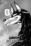  anthro bust_portrait canid canine canis daigaijin dialogue domestic_dog english_text fur furryfight_chronicles gantus_(furryfight_chronicles) hair hi_res looking_back male mammal portrait solo text 