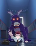  absurd_res all_fours animatronic anime anthro ass_up bonnie_(fnaf) captured clothing cody_nightguard doggystyle duo escape five_nights_at_freddy&#039;s from_behind_position green_eyes hair halloween hi_res holidays human human_on_anthro humanoid iamshadxw interspecies lagomorph leporid machine male male/male mammal nightguard rabbit red_eyes robot scared scary sex spiky_hair trapped uniform varaart video_games 
