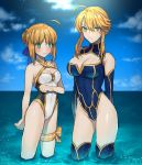  2girls absurdres ahoge arm_behind_back artoria_pendragon_(all) artoria_pendragon_(lancer) artoria_pendragon_(swimsuit_archer) blonde_hair blue_ribbon blue_sky blush braid breast_envy breasts cleavage clod covered_navel fate_(series) french_braid green_eyes groin highres large_breasts multiple_girls none_(kameko227) ocean ribbon saber sidelocks sky small_breasts sweatdrop thighhighs thighs wading 