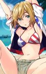  1girl american_flag_bikini american_flag_jacket aqua_eyes armpits arms_up artist_name bangs beach bikini blonde_hair blush bob_cut breasts brown_shorts cleavage collarbone commentary flag_print hair_between_eyes highres jacket john_mangalile kanojo_okarishimasu lens_flare looking_at_viewer medium_breasts midriff nanami_mami navel ocean open_clothes open_jacket parted_lips short_hair short_shorts shorts sitting solo spread_legs stretch swimsuit thick_eyebrows white_jacket 