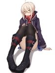  1girl ahoge akatsuki_ikki artoria_pendragon_(all) bangs black-framed_eyewear blonde_hair braid breasts duffel_coat fate/grand_order fate_(series) french_braid glasses highres jacket legs long_hair long_sleeves looking_at_viewer mysterious_heroine_x_(alter) plaid plaid_scarf red_scarf scarf semi-rimless_eyewear sitting under-rim_eyewear yellow_eyes 