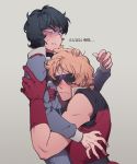  2boys bare_shoulders blonde_hair blue_hair blush char_aznable gloves gundam hug jumpsuit kamille_bidan multiple_boys quattro_vageena sakanaokashi shaded_face short_hair sunglasses sweater tears translation_request turtleneck turtleneck_sweater zeta_gundam 