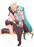  2girls blonde_hair blue_eyes blue_hair blue_neckwear detached_sleeves hatsune_miku hug kagamine_rin long_hair looking_at_viewer meriko multiple_girls necktie open_mouth school_uniform serafuku twintails very_long_hair vocaloid yuri 