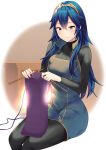  1girl ameno_(a_meno0) blue_eyes blue_hair blush fire_emblem fire_emblem_awakening flat_chest hair_between_eyes highres knitting knitting_needle long_hair lucina_(fire_emblem) needle simple_background sitting smile solo symbol-shaped_pupils thighs tiara 