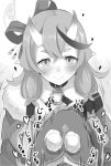  1girl closed_mouth fur_trim greyscale hair_ornament hairpin heart highres horns implied_handjob long_hair long_sleeves looking_at_viewer mole mole_under_eye monochrome nijisanji nishiuri o-ring o-ring_top oni_horns pointy_ears rindou_mikoto sidelocks skin-covered_horns smile solo_focus 