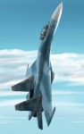  1boy aircraft airplane cloud fighter_jet flying from_side highres jet military military_vehicle original sky soichi_nagayuki su-27 vehicle_focus 