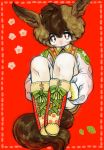  1boy androgynous animal_ears boots border bright_pupils brown_eyes brown_hair closed_mouth cross-laced_footwear dotted_line green_ribbon highres jacket leg_hug long_sleeves looking_at_viewer male_focus original red_background ribbon shima_(wansyon144) sitting smile solo tail white_jacket white_pupils 