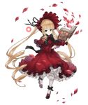  1girl blonde_hair blue_eyes bonnet book crossover dress drill_hair frilled_dress frills full_body gothic_lolita holding holding_book ji_no lolita_fashion long_hair looking_at_viewer mary_janes official_art petals red_dress rozen_maiden shinku shoes sinoalice solo transparent_background very_long_hair 