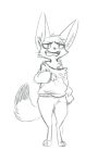  ambiguous_gender anthro bottomless canid canine clothed clothing cream.pup digitigrade dipstick_tail featureless_crotch fennec fox greyscale half-closed_eyes hi_res mammal monochrome multicolored_tail narrowed_eyes sweater topwear 