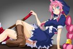  1girl absurdres ahoge alternate_costume axe blue_eyes braid breasts disgaea halloween_costume highres iwashi_dorobou_-r- long_hair looking_at_viewer makai_senki_disgaea_4 medium_breasts pink_hair sidelocks smile solo vulcanus_(disgaea_4) 