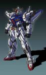  atsuurashi blue_eyes clenched_hands glowing glowing_eyes gradient gradient_background gundam gundam_silhouette_formula_91 highres looking_ahead mecha no_humans shadow solo standing v-fin 