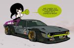  1girl black_eyes black_hair car chibi english_text ground_vehicle highres lamborghini lamborghini_espada long_hair megaphone motor_vehicle obey open_mouth original playboy_bunny rikona short_hair speech_bubble vehicle_focus 