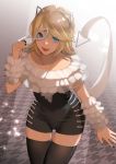  1girl alternate_costume animal_ears blonde_hair blue_eyes cat_ears fake_animal_ears fang highres holding holding_mask kagamine_rin leaning_forward mask meriko open_mouth smile solo thighhighs vocaloid 