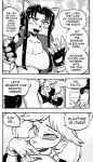  anthro bodily_fluids breasts canid canine cleavage clothed clothing comic daigaijin debbie_(furryfight_chronicles) dialogue duo english_text female fox fur furryfight_chronicles hair hi_res kalita_(furryfight_chronicles) mammal monochrome ring sweat text 