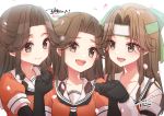  3girls artist_name black_gloves black_neckwear blush brown_eyes brown_hair collarbone commission dated elbow_gloves eyebrows_visible_through_hair gloves hair_intakes half_updo jintsuu_(kantai_collection) kantai_collection koruri long_hair multiple_girls multiple_persona neckerchief open_mouth petals remodel_(kantai_collection) sailor_collar school_uniform serafuku short_sleeves signature skeb_commission smile upper_teeth white_background white_sailor_collar 