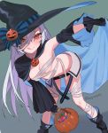 1girl alternate_costume bandages beijuu bent_over black_footwear black_gloves black_headwear blush boots breasts closed_mouth detached_sleeves girls_frontline gloves halloween hat hat_ribbon licking_lips long_hair looking_at_viewer medium_breasts red_eyes ribbon silver_hair smile solo standing tokarev_(girls_frontline) tongue tongue_out 