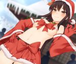  1girl bangs bare_shoulders belt black_hair blurry blurry_background blush bow breasts brown_eyes commentary covered_nipples day detached_sleeves dutch_angle fur-trimmed_skirt fur-trimmed_sleeves fur_trim gloves hakurei_reimu hand_on_hip hand_up hat heart_pasties highres icicle long_hair medium_breasts miyo_(ranthath) money_gesture navel neck_bell outdoors pasties pom_pom_(clothes) red_bow red_gloves santa_costume santa_hat silhouette skirt smile solo_focus stomach sweat topless touhou winter 